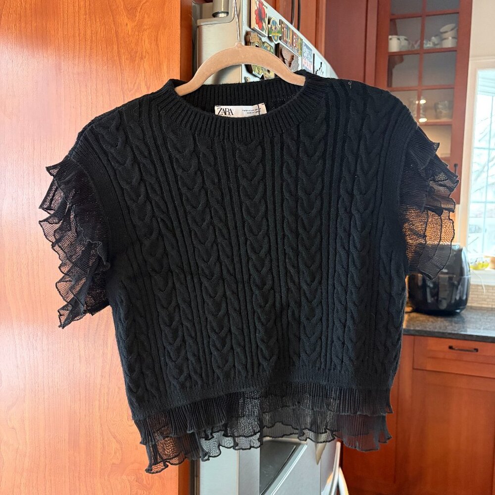 Zara black cable knit ruffle trim sweater vest